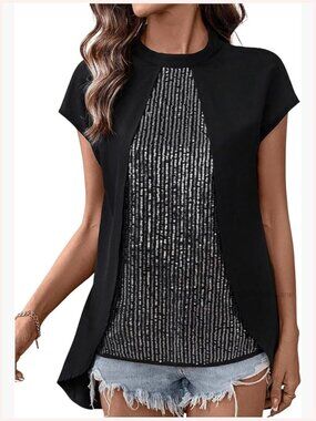 Sparkly Sequin Blouse Crew Neck Short Sleeve Asymmetrical Party Top